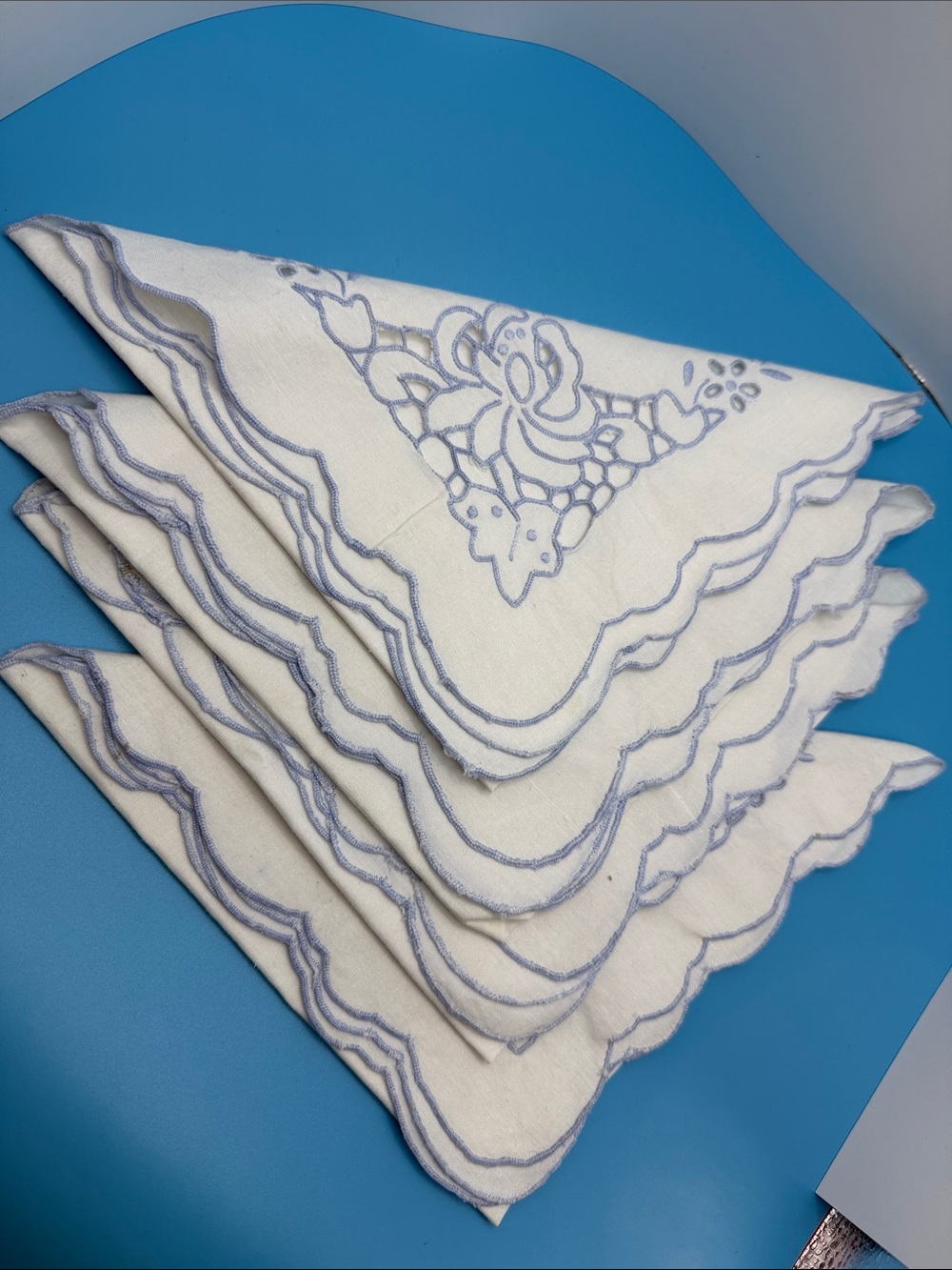 White Embroidered Linen Napkins with Blue Trim